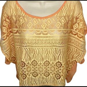 B Jewel Womens Semi-Sheer Lace Dolman Blouse Top Shirt Peach Abstract Print